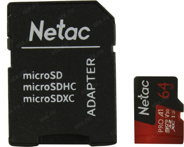 Netac <NT02P500PRO-064G-R> microSDXC Memory Card 64Gb A1 V30 UHS-I U3  +  microSD-->SD  Adapter