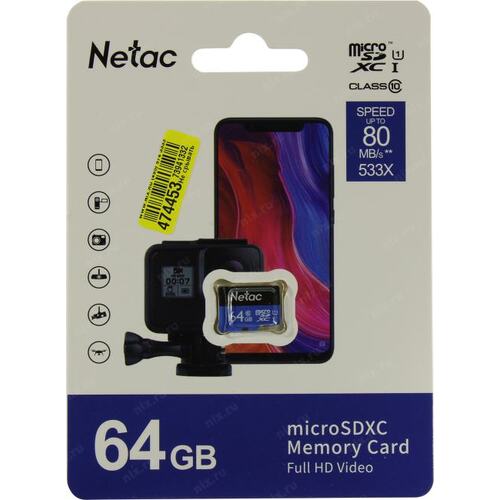Netac <NT02P500STN-064G-S> microSDXC Memory  Card 64Gb  UHS-I  U1