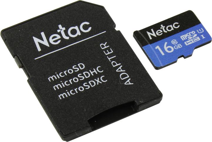 Netac <NT02P500STN-016G-R> microSDHC Memory Card 16Gb UHS-I U1 Class 10  +  microSD-->SD  Adapter