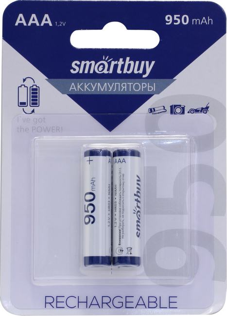 Аккумулятор Smartbuy SBBR-3A02BL950 (1.2V, 950mAh) NiMh, Size "AAA"  <уп.  2  шт>